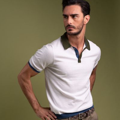 Maglia uomo stile polo a mezza manica realizzata in puro cotone lavorato a maglia